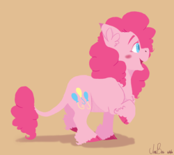 Size: 3900x3500 | Tagged: safe, artist:lxxjunebugxxl, pinkie pie, earth pony, pony, g4, cloven hooves, female, fluffy, high res, leonine tail, raised hoof, simple background, solo, unshorn fetlocks