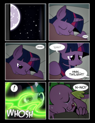 Size: 1275x1650 | Tagged: safe, artist:dsana, spike, twilight sparkle, dragon, pony, comic:to look after, g4, bad dream, comic, crying, female, mare, moon, night, sleeping