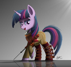 Size: 2200x2063 | Tagged: safe, artist:duskie-06, twilight sparkle, pony, g4, big sister, bioshock, clothes, commission, crossover, female, gun, high res, i can't believe it's not ncmares, lidded eyes, open mouth, raised hoof, reflection, signature, simple background, smiling, solo, sunlight, weapon
