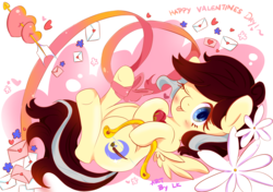 Size: 2480x1748 | Tagged: safe, artist:kumikoponylk, oc, oc only, oc:petal eclipse, pegasus, pony, arrow, bow (weapon), female, flower, heart, mare, one eye closed, solo, tongue out, valentine's day, wink