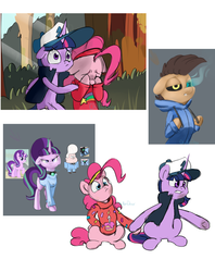 Size: 1524x1924 | Tagged: safe, artist:chibadeer, pinkie pie, starlight glimmer, twilight sparkle, alicorn, pony, g4, clothes, creepy, crossover, dipper pines, equal cutie mark, gideon gleeful, gravity falls, mabel pines, male, ponified, sans (undertale), twilight sparkle (alicorn), undertale