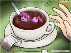 Size: 650x487 | Tagged: safe, artist:jcosneverexisted, berry punch, berryshine, earth pony, human, pony, g4, blushing, cup, cup of pony, drunk, food, go home you're drunk, hand, hot, looking at you, micro, patreon, solo focus, surprised, tea, tiny ponies
