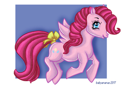 Size: 500x352 | Tagged: safe, artist:babyananas, pinkie pie, pegasus, pony, g1, g4, bow, female, g4 to g1, generation leap, pegasus pinkie pie, race swap, solo, tail bow