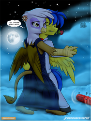 Size: 600x800 | Tagged: safe, artist:jcosneverexisted, gilda, rainbow dash, oc, oc:orion, griffon, pony, binoculars, bipedal, canon x oc, clothes, cloud, dancing, eyes closed, flower, flower in mouth, gildarion, male, moon, mouth hold, night, pain, patreon, paws, rose, rose in mouth, shipping, sky, spying, straight, tango, toes