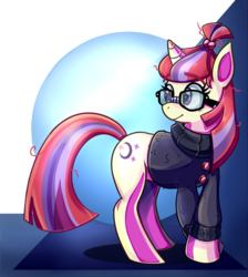 Size: 1024x1142 | Tagged: safe, artist:lalichan94, moondancer, pony, unicorn, g4, abstract background, clothes, crossed hooves, female, glasses, mare, simple background, solo, sweater, transparent background