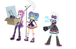 Size: 15019x9659 | Tagged: safe, artist:pink1ejack, photo finish, pixel pizazz, violet blurr, equestria girls, g4, photo finished, absurd resolution, boots, box, camera, clothes, female, high heel boots, shoes, simple background, socks, sunglasses, the snapshots, transparent background, trio, trio female, vector