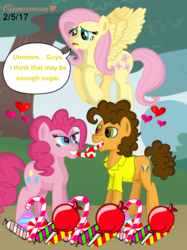 Size: 2048x2732 | Tagged: safe, artist:cinnamon-swirls, cheese sandwich, fluttershy, pinkie pie, g4, candy, candy cane, concerned, dialogue, eating, food, heart, heart eyes, high res, looking at each other, male, ship:cheesepie, shipping, story included, straight, suggestive description, wingding eyes