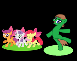 Size: 1040x824 | Tagged: safe, apple bloom, scootaloo, sweetie belle, oc, oc:ian, earth pony, pegasus, pony, unicorn, g4, cutie mark crusaders, song, song reference, veggietales