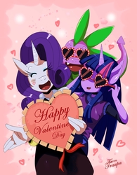 Size: 2448x3131 | Tagged: safe, artist:traupa, rarity, spike, twilight sparkle, dragon, anthro, g4, clothes, cute, eyes closed, fangs, heart, hearts and hooves day, high res, open mouth, smiling, style emulation, sunglasses, trio, valentine's day
