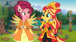 Size: 1280x720 | Tagged: safe, artist:limedazzle, artist:mixiepie, artist:themexicanpunisher, gloriosa daisy, sunset shimmer, equestria girls, g4, my little pony equestria girls: legend of everfree, camp everfree, clothes, crystal guardian, crystal wings, pants, ponied up, show accurate