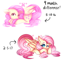 Size: 3000x3000 | Tagged: safe, artist:kurochhi, fluttershy, pegasus, pony, g4, art evolution, comparison, cute, female, folded wings, high res, one eye closed, prone, redraw, shyabetes, simple background, solo, white background