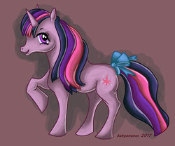Size: 500x416 | Tagged: safe, artist:babyananas, twilight sparkle, pony, g1, g4, bow, female, g4 to g1, generation leap, raised hoof, solo, tail bow