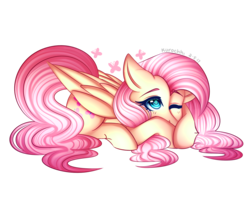 Size: 2000x1666 | Tagged: safe, artist:kurochhi, fluttershy, pegasus, pony, g4, cute, female, folded wings, one eye closed, prone, shyabetes, simple background, solo, transparent background