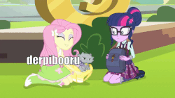 Size: 600x338 | Tagged: safe, edit, edited screencap, screencap, angel bunny, fluttershy, sci-twi, twilight sparkle, butterfly, cat, equestria girls, friendship games bloopers, g4, my little pony equestria girls: friendship games, ^:), animal, animated, backpack, blooper, boots, canterlot high, clothes, gif, high heel boots, metaphor, metaphor gif, op is a duck (reaction image), reaction image, skirt, socks