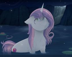 Size: 1000x800 | Tagged: safe, artist:mrgdog, sweetie belle, pony, unicorn, g4, cheek fluff, chest fluff, cute, female, lake, lilypad, mare, night, older, older sweetie belle, smiling, solo, water, waterfall, wet, wet mane