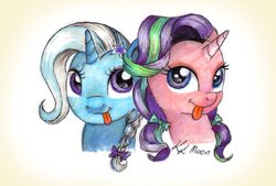 Size: 1024x693 | Tagged: safe, artist:lailyren, starlight glimmer, trixie, pony, unicorn, g4, alternate hairstyle, bow, hair bow, ponytail, raspberry, tongue out, traditional art