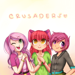 Size: 500x500 | Tagged: safe, artist:cosmicponye, apple bloom, scootaloo, sweetie belle, human, g4, bow, bracelet, clothes, colored pupils, cute, cutie mark crusaders, equestria girls outfit, female, gradient background, hair bow, humanized, jewelry, light skin, lip gloss, looking at you, one eye closed, open mouth, smiling