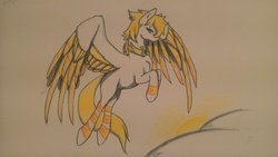 Size: 1024x576 | Tagged: safe, artist:oneiria-fylakas, oc, oc only, pegasus, pony, flying, male, solo, stallion, traditional art