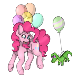 Size: 894x894 | Tagged: safe, artist:fizzy2014, artist:soundwavepie, gummy, pinkie pie, g4, balloon, floating, simple background, then watch her balloons lift her up to the sky, transparent background
