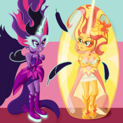 Size: 2560x2560 | Tagged: safe, artist:cybersquirrel, sci-twi, sunset shimmer, twilight sparkle, equestria girls, g4, daydream shimmer, feather, force field, high res, midnight sparkle, tickling
