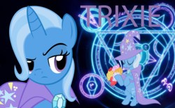 Size: 1082x670 | Tagged: safe, artist:enigmamystere, trixie, pony, g4, bipedal, cape, clothes, eyes closed, female, flower, hat, raised eyebrow, smiling, solo, trixie's cape, trixie's hat, wallpaper