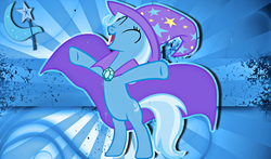 Size: 2450x1440 | Tagged: safe, artist:alanfernandoflores01, trixie, pony, unicorn, g4, cape, clothes, cutie mark, eyes closed, female, hat, mare, open mouth, rearing, smiling, solo, trixie's cape, trixie's hat, wallpaper