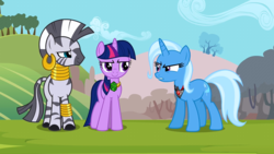 Size: 800x450 | Tagged: safe, screencap, trixie, twilight sparkle, zecora, pony, zebra, g4, magic duel, my little pony: friendship is magic, alicorn amulet, amulet, smug