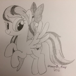 Size: 1280x1280 | Tagged: safe, artist:bobbyjoedudley, angel wings, pegasus, pony, g4, bow, female, flying, hair bow, sketch, smiling, solo, traditional art