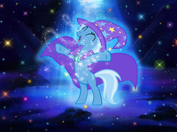 Size: 3844x2883 | Tagged: safe, artist:greenmachine987, trixie, pony, unicorn, g4, cape, clothes, eyes closed, female, hat, high res, mare, open mouth, rearing, smiling, solo, sparkles, trixie's cape, trixie's hat, wallpaper