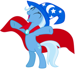 Size: 5238x4889 | Tagged: safe, artist:greenmachine987, trixie, pony, unicorn, g4, ^^, absurd resolution, bipedal, cape, clothes, disney, eyes closed, female, hat, mare, open mouth, rearing, recolor, simple background, smiling, solo, the sorcerer's apprentice, transparent background, vector, y pose