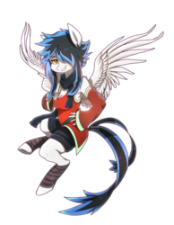 Size: 800x1032 | Tagged: safe, artist:renciel, oc, oc only, oc:sky digit, anthro, blue hair, breasts, clothes, female, pants, solo, tail, wings