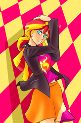 Size: 1440x2200 | Tagged: safe, artist:imskull, sunset shimmer, equestria girls, g4, clothes, female, human coloration, jacket, jojo pose, jojo's bizarre adventure, leather jacket, midriff, skirt, solo