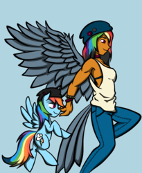 Size: 540x657 | Tagged: safe, artist:wordsandpunctuation, rainbow dash, human, pony, g4, beanie, clothes, cutie mark, duo, hat, humanized, jeans, magenta eyes, pants, self ponidox, simple background, tailed humanization, winged humanization, wings