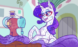 Size: 1000x600 | Tagged: safe, artist:sun-shimmer, rarity, pony, canterlot boutique, g4, cloven hooves, female, glasses, rules of rarity, scene interpretation, sewing, sewing machine, solo, sweat