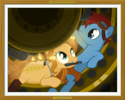 Size: 1280x1024 | Tagged: safe, artist:misteraibo, oc, oc only, oc:copper lightning, oc:rose aether, earth pony, original species, pony, scented pony, animated, candle, female, fire, gif, goggles, male, mare, memory lane pictures, mouth hold, oc x oc, shipping, stallion, straight, wrench