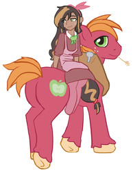 Size: 1154x1488 | Tagged: safe, artist:moronsonofboron, big macintosh, oc, oc:darcy, pony, satyr, g4, apron, butt, clothes, dress, father and daughter, male, offspring, parent:big macintosh, plot, riding, satyrs riding ponies, simple background, white background