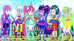 Size: 1280x720 | Tagged: safe, artist:limedazzle, edit, indigo zap, lemon zest, sci-twi, sour sweet, sugarcoat, sunny flare, twilight sparkle, equestria girls, g4, my little pony equestria girls: legend of everfree, alternate universe, boots, clothes, cowboy boots, crystal guardian, crystal wings, glasses, goggles, high heel boots, jewelry, ponied up, ponytail, shadow six, shoes, show accurate, sneakers, sparkles, wings