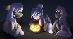 Size: 1600x861 | Tagged: safe, artist:rue-willings, oc, oc only, oc:bubblepop, oc:carousel mist, oc:rue, pony, jack-o-lantern, night, pumpkin, stars, trio