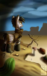 Size: 1700x2700 | Tagged: safe, artist:elmutanto, oc, oc only, pony, zebra, fallout equestria, barn, black mane, boots, boots on hooves, buck, cactus, clothes, cloud, cloudy, desert, duster, fallout, farm, glyph, glyphmark, hoofprints, male, post-apocalyptic, propeller, sniper, socks, stallion, stripes, wasteland, wind turb
