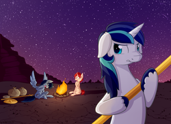 Size: 2957x2152 | Tagged: safe, artist:dsp2003, artist:lalieri, shining armor, oc, oc:cherry popper, oc:stormy skies, pegasus, pony, unicorn, g4, 4chan, collaboration, female, high res, illustration, male, parody, starry sky, stars, tremors