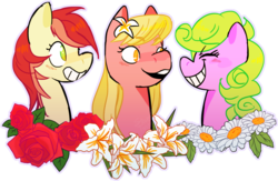 Size: 1280x833 | Tagged: safe, artist:stevetwisp, daisy, flower wishes, lily, lily valley, roseluck, earth pony, pony, g4, female, flower, flower trio, grin, smiling, trio, trio female