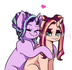 Size: 674x657 | Tagged: safe, artist:moonabelle, starlight glimmer, oc, oc:midnight abyss, pony, unicorn, g4, ..., chest fluff, duo, ear fluff, eyes closed, female, heart, hug, magical lesbian spawn, mare, mother and daughter, offspring, parent:starlight glimmer, parent:sunset shimmer, parents:shimmerglimmer, simple background, white background