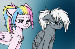 Size: 684x452 | Tagged: safe, artist:moonabelle, oc, oc only, oc:firework, oc:silvery snowcloud, pegasus, pony, chest fluff, ear fluff, female, floppy ears, fluffy, gradient background, magical lesbian spawn, mare, offspring, parent:double diamond, parent:firefly, parent:night glider, parent:surprise, parents:fireprise, parents:nightdiamond, sad, shoulder fluff, wing fluff