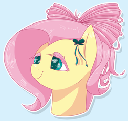 Size: 883x837 | Tagged: safe, artist:archego-art, fluttershy, pegasus, pony, g4, alternate hairstyle, blue background, bow, bust, female, hair accessory, portrait, simple background, smiling, solo