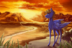 Size: 3000x2000 | Tagged: safe, artist:belorahels, oc, oc only, oc:cloud quake, pegasus, pony, commission, desert, digital art, folded wings, high res, looking away, male, mountain, scenery, signature, solo, stallion, sunset, ych result