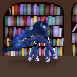 Size: 1250x1250 | Tagged: safe, artist:lunar-march, princess luna, alicorn, pony, g4, book, bookshelf, female, library, mare, solo, walking