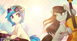 Size: 1600x853 | Tagged: safe, artist:sugarberry, dj pon-3, octavia melody, vinyl scratch, earth pony, pony, unicorn, g4, cello, duo, grin, headphones, looking at each other, making music, musical instrument, smiling, turntable, wallpaper