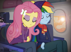 Size: 6062x4422 | Tagged: safe, artist:invisibleink, fluttershy, micro chips, rainbow dash, equestria girls, g4, absurd resolution, clothes, cloudsdale, flying, hat, hoodie, implied flutterdash, implied lesbian, implied shipping, plane, scarf, sleeping, sunset, sweater, turtleneck