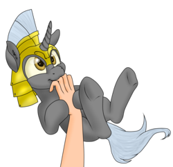 Size: 2000x1926 | Tagged: safe, artist:php101, pony, unicorn, behaving like a cat, bellyrubs, cute, ear fluff, hand, male, on back, royal guard, simple background, solo, transparent background, underhoof