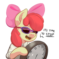 Size: 750x750 | Tagged: safe, artist:zapplebow, apple bloom, earth pony, pony, g4, bipedal, clock, clothes, dank memes, ear fluff, female, filly, filthy frank, hoof hold, it's time to stop, meme, open mouth, parody, reaction image, simple background, solo, sunglasses, transparent background